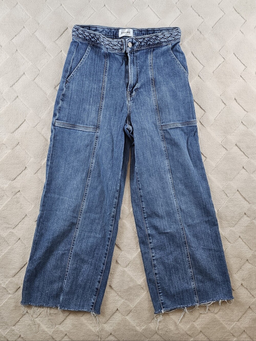 FRAME Denim Wide Crop Jean Womens 29 Braided Waistband in Daphne Blue